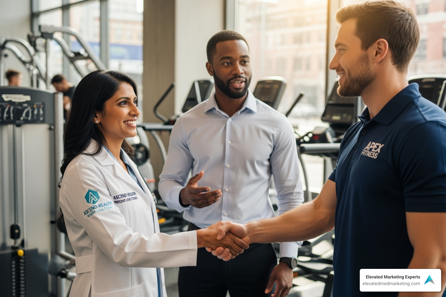 clinic team collaborating with gym owner - weight-loss clinic marketing