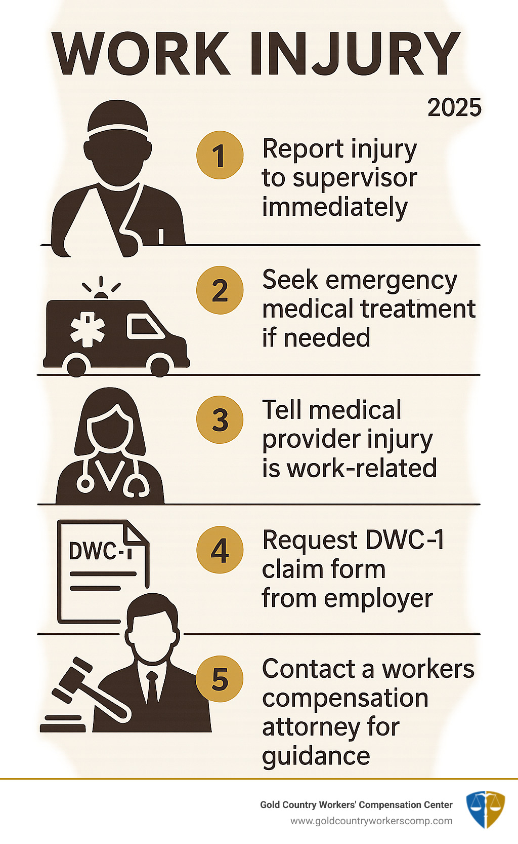 Infographic showing 5 immediate steps after work injury: 1. Report injury to supervisor immediately, 2. Seek emergency medical treatment if needed, 3. Tell medical provider injury is work-related, 4. Request DWC-1 claim form from employer, 5. Contact a workers compensation attorney for guidance - Workers compensation lawyer Sacramento infographic 
