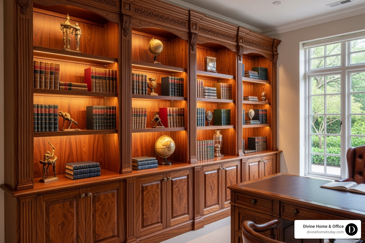 Custom-built bookshelf in a luxurious home office, featuring intricate wood detailing and integrated lighting - luxury interior designs Custom-built bookshelf in a luxurious home office, featuring intricate wood detailing and integrated lighting - luxury interior designs