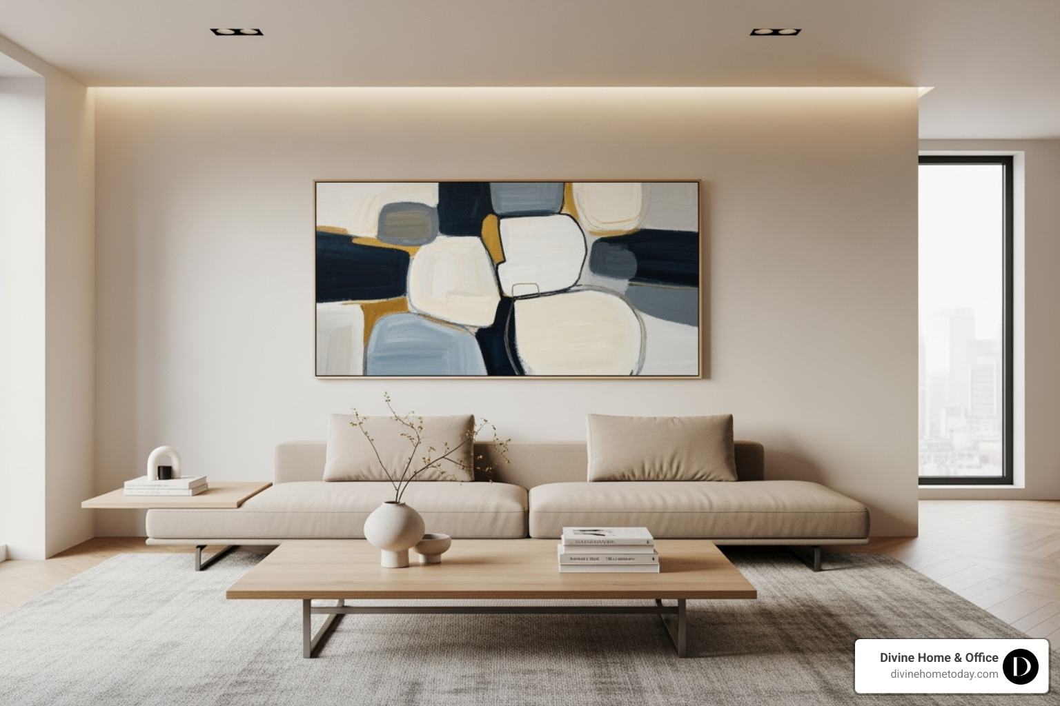 Minimalist luxury living room with a large, abstract painting as the sole statement piece, clean lines, and neutral tones - luxury interior designs Minimalist luxury living room with a large, abstract painting as the sole statement piece, clean lines, and neutral tones - luxury interior designs