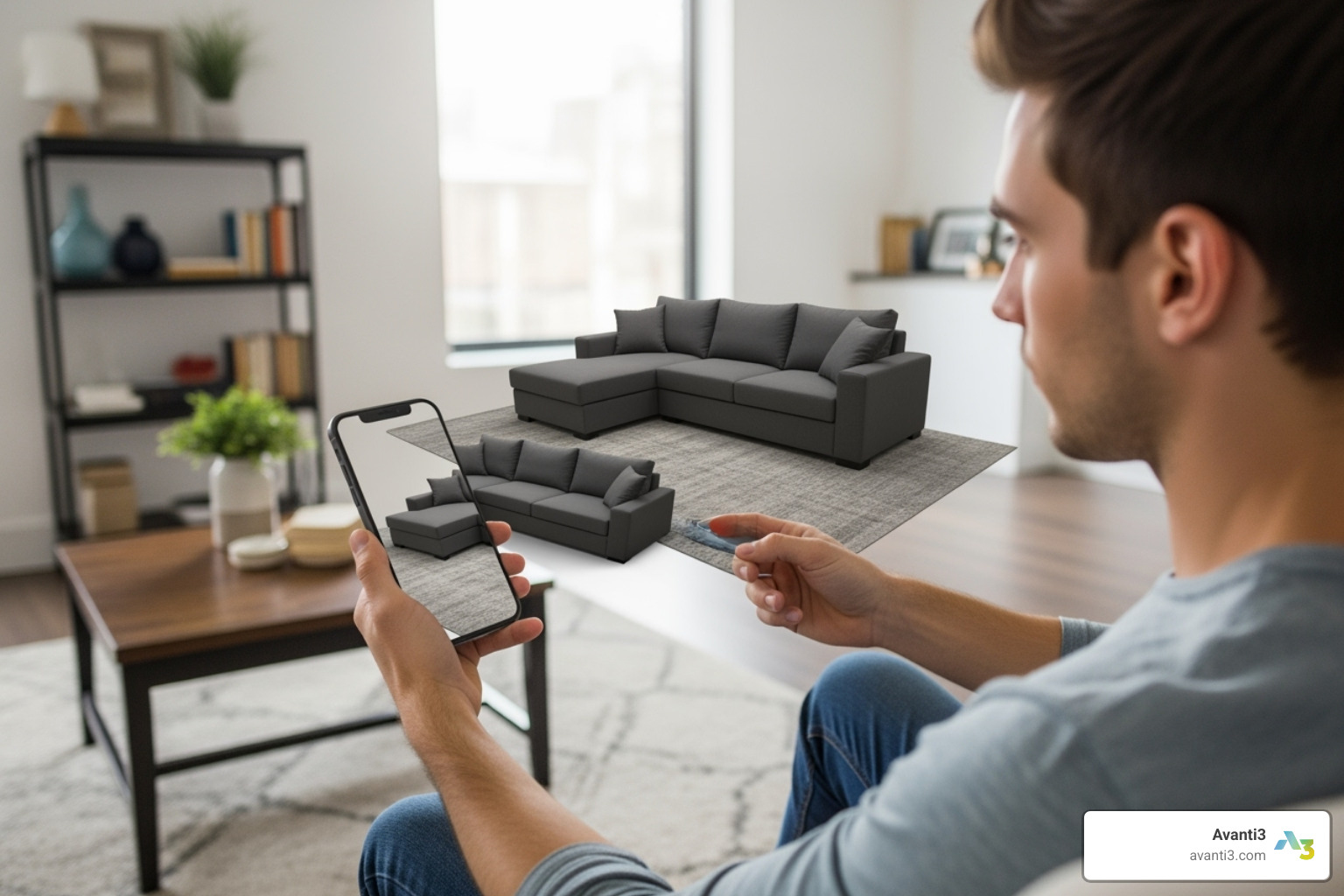 Retail customer using their phone to see a virtual couch in their living room. - web based ar solution
