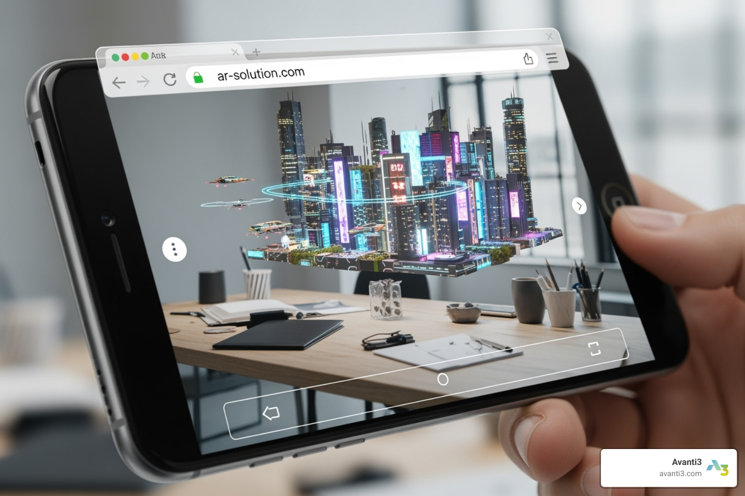 Collage of WebAR types: a face with virtual glasses, a wine bottle with an animated label, a 3D dinosaur in a park, and a poster coming to life with AR elements. - web based ar solution