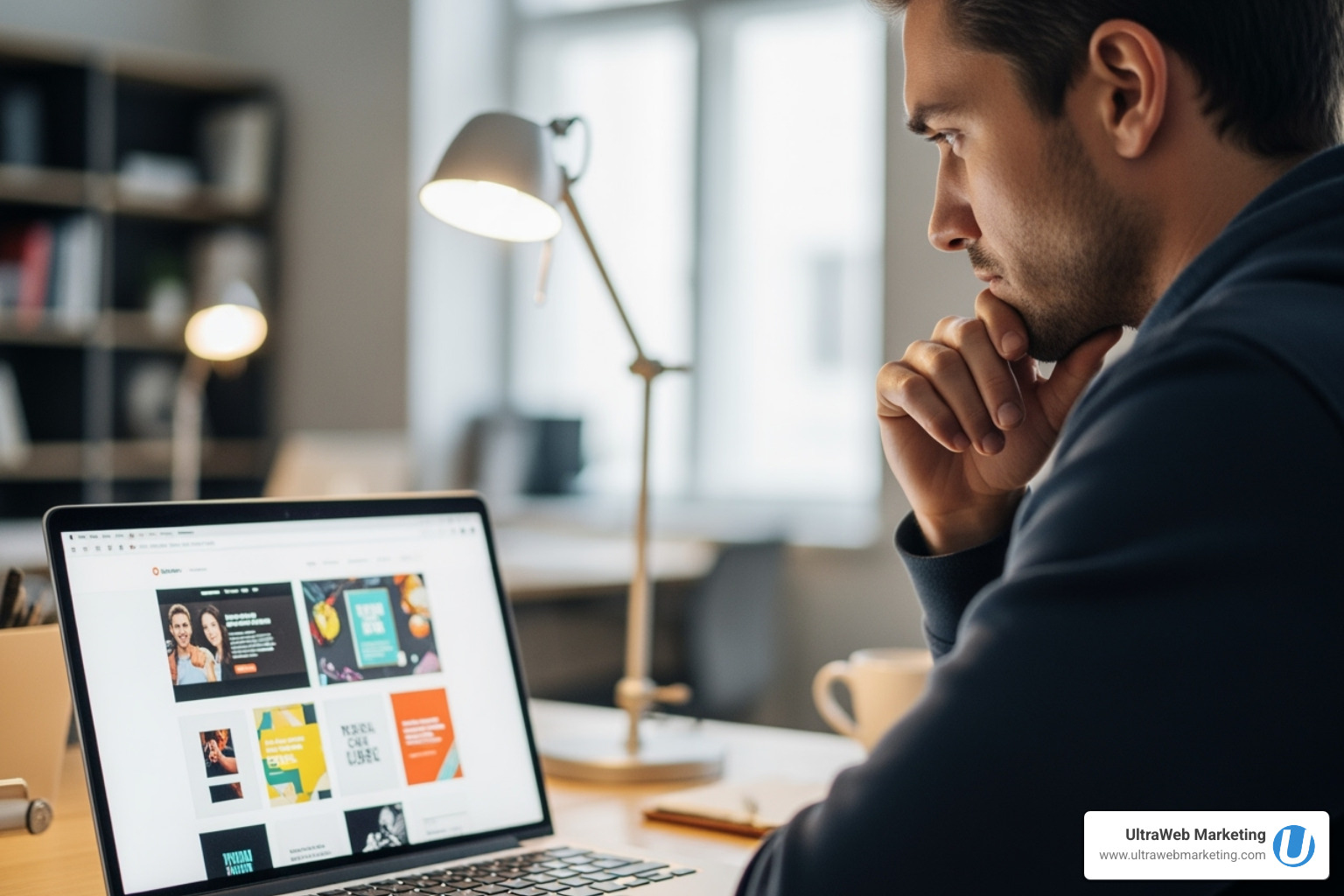 person carefully reviewing a web designer's portfolio on a laptop - find local website designers person carefully reviewing a web designer's portfolio on a laptop - find local website designers