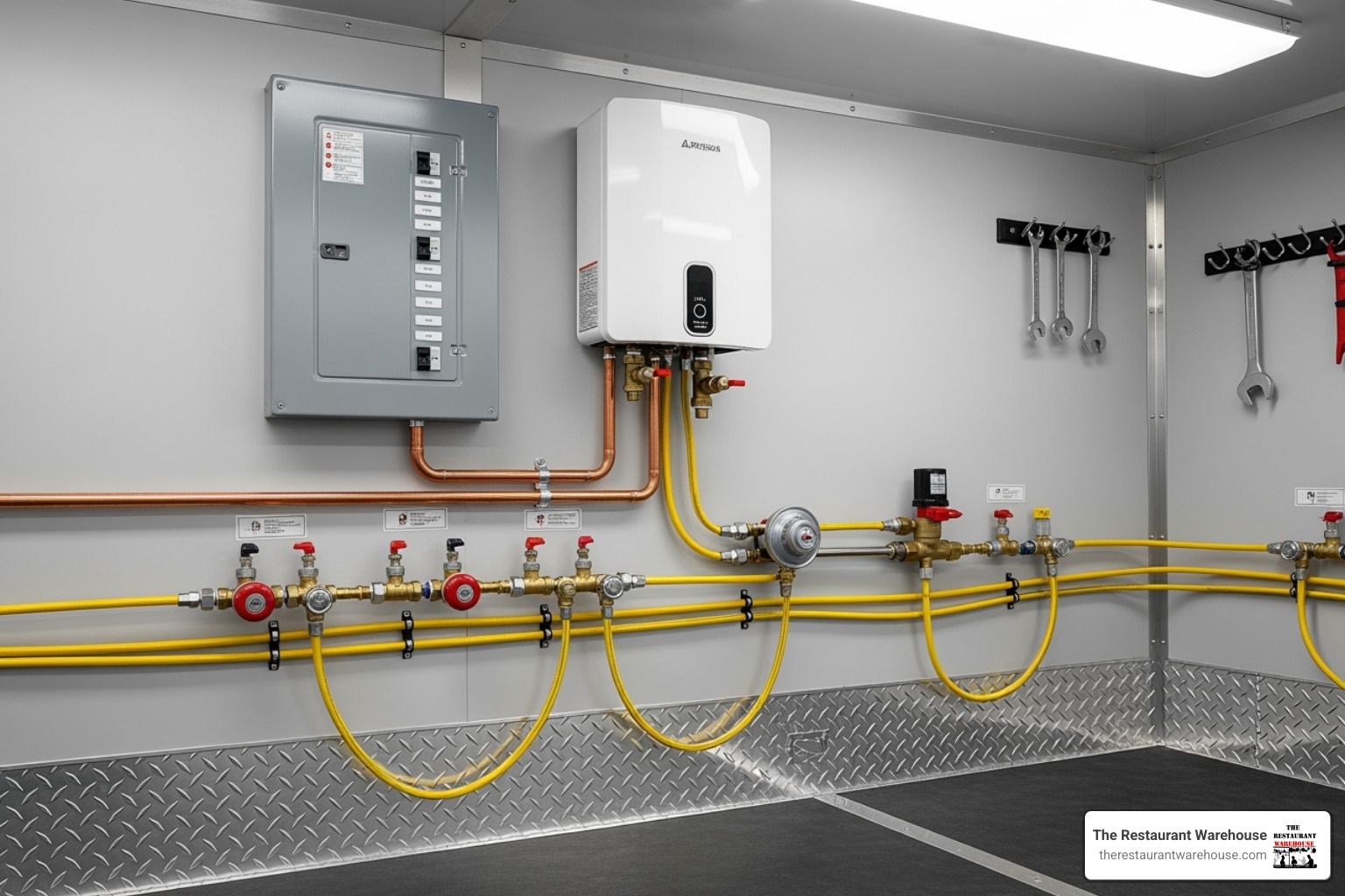 Neatly organized utility area showing a breaker box, water heater, and propane lines - 18 ft concession trailer