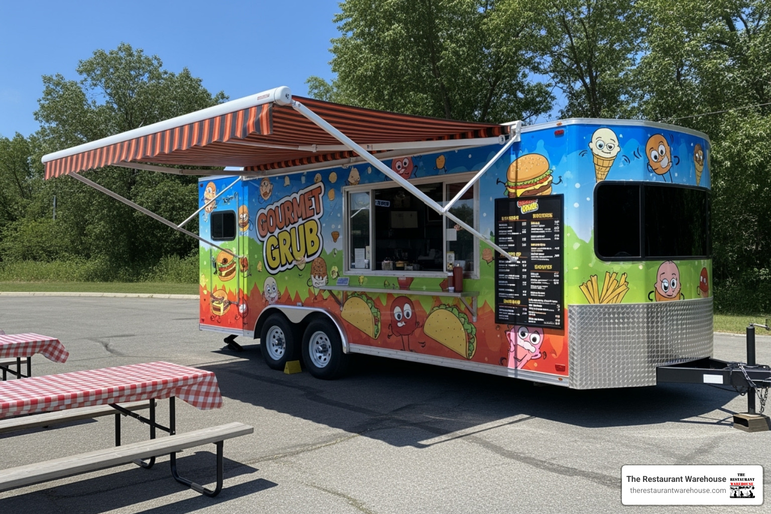 Brightly branded, custom-wrapped 18 ft concession trailer with its awning extended - 18 ft concession trailer