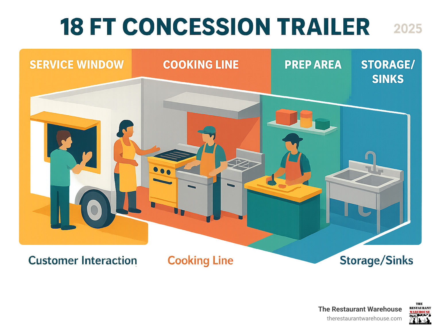 Infographic showing the key zones of an 18 ft concession trailer: Service Window area with customer interaction space, Cooking Line with griddles and fryers, Prep Area with cutting boards and ingredient storage, and Storage/Sinks zone with 3-compartment sink and hand washing station - 18 ft concession trailer infographic 