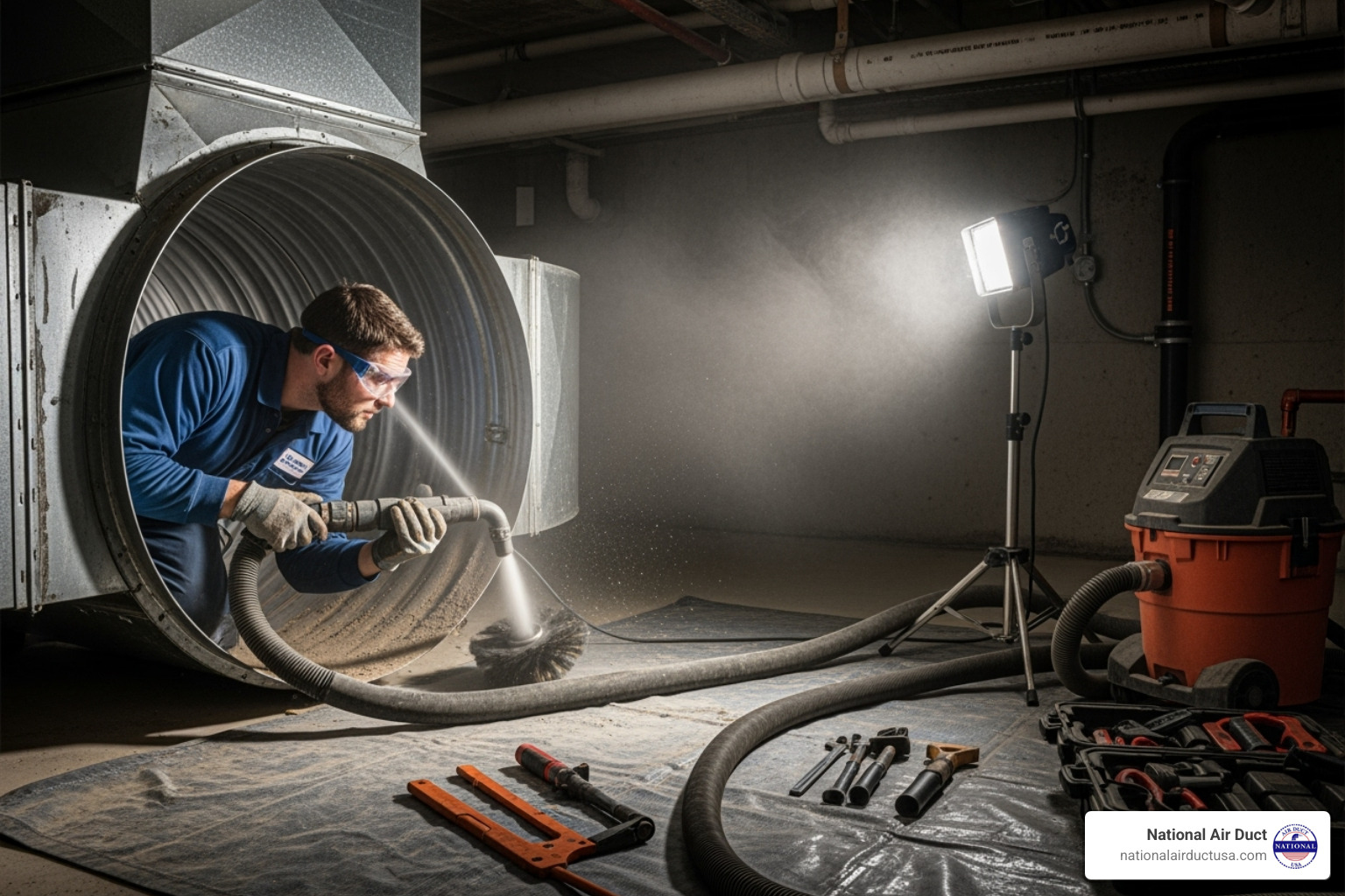 Technician professionally cleaning an air duct with specialized equipment - Dust removal service