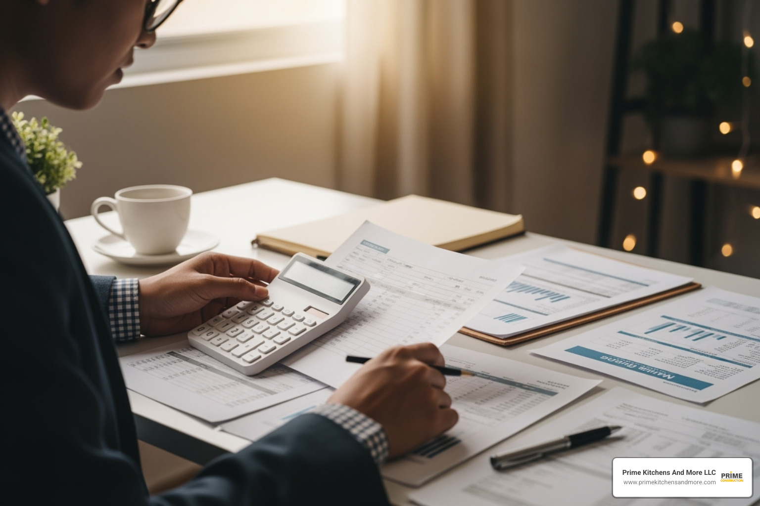 Person reviewing a project estimate with a calculator - Orlando kitchen and bath