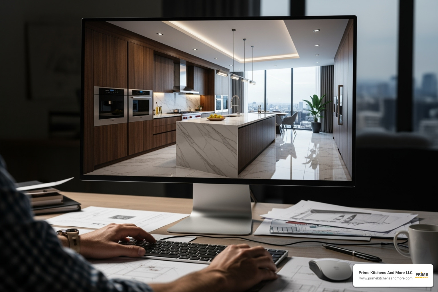 3D kitchen design rendering on a computer screen - Orlando kitchen and bath