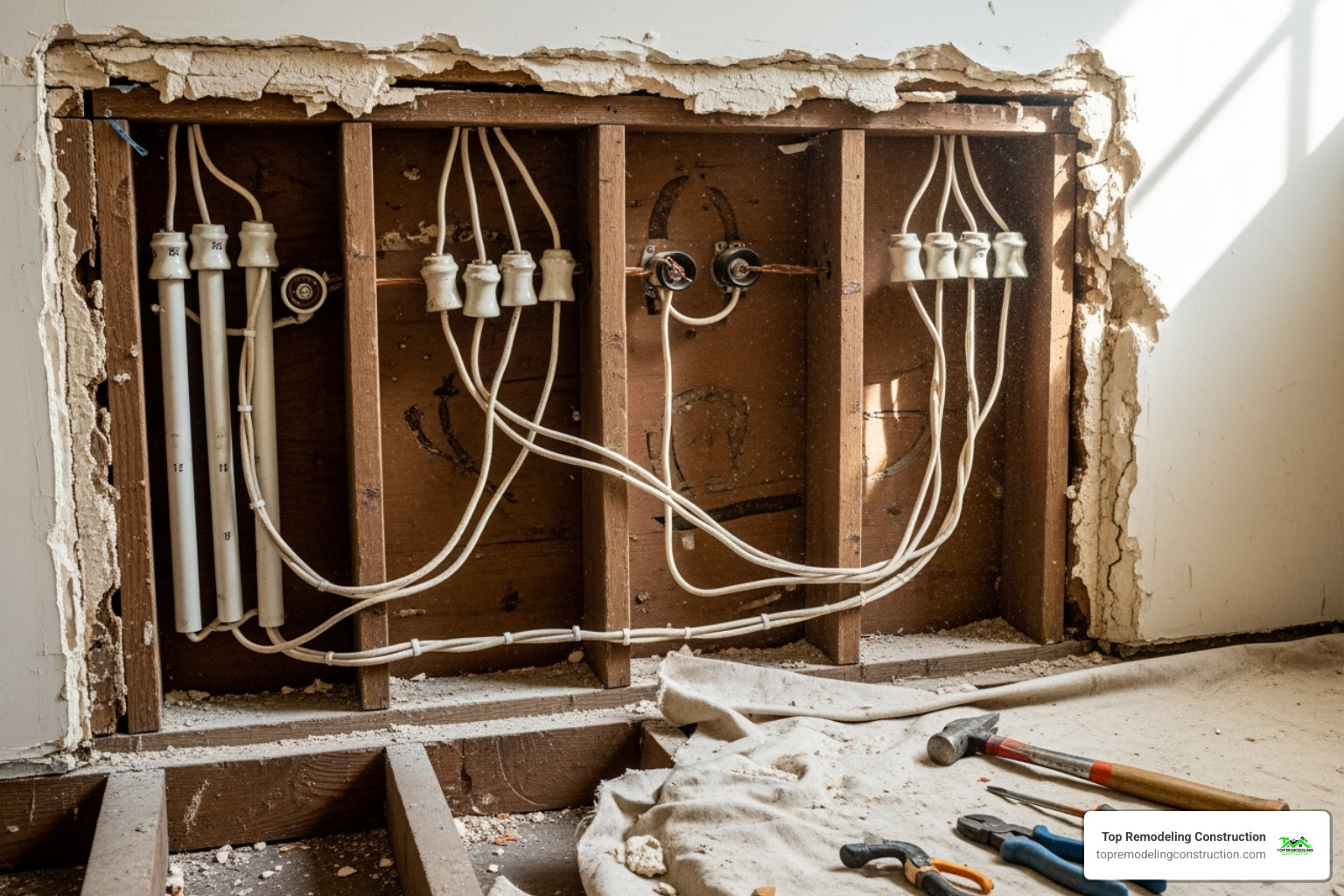 of exposed knob-and-tube wiring in a wall - old house renovation costs of exposed knob-and-tube wiring in a wall - old house renovation costs