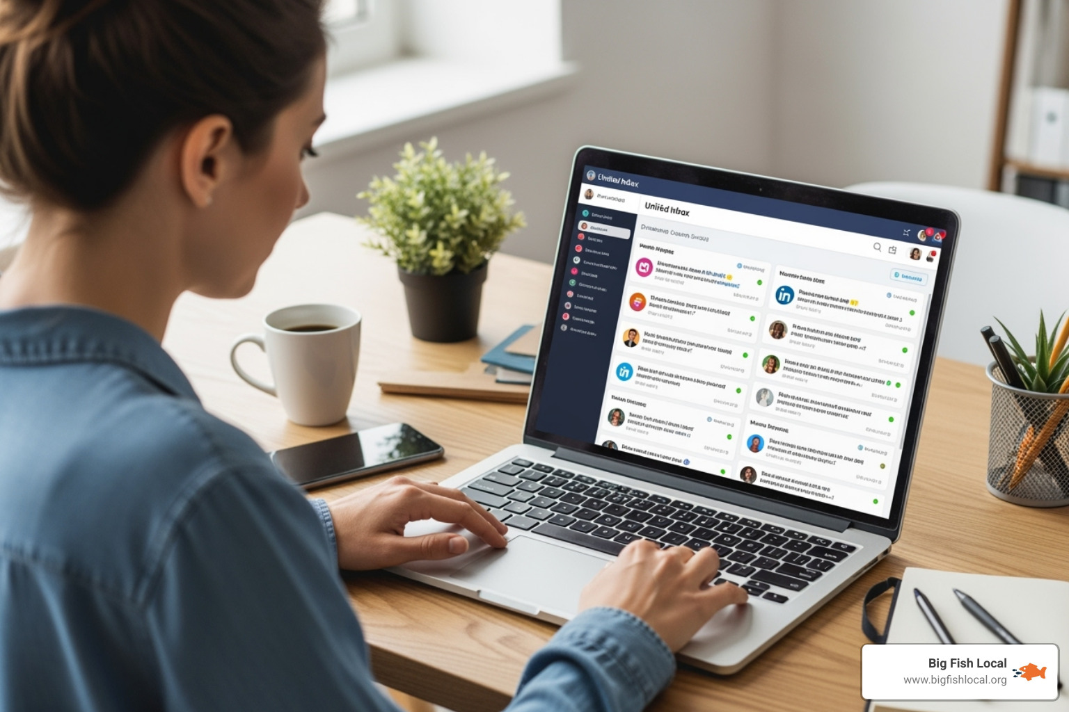 Image of a social media manager using a unified inbox dashboard - customer service social media management