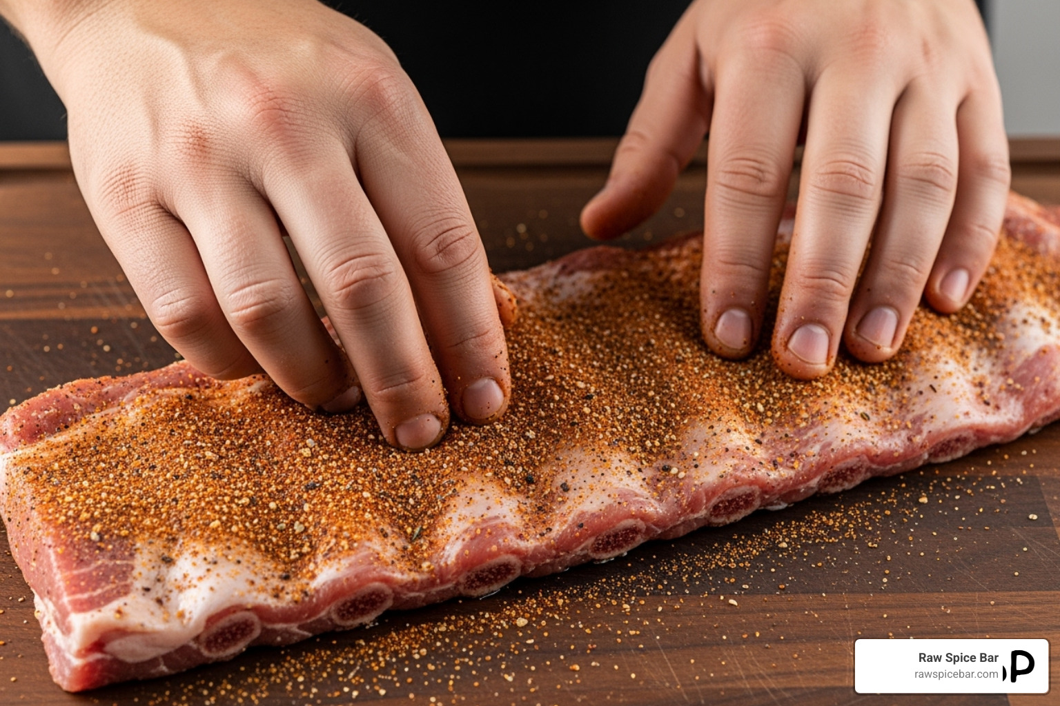 The BBQ Rub being applied to a rack of ribs - salt free spice blend recipes