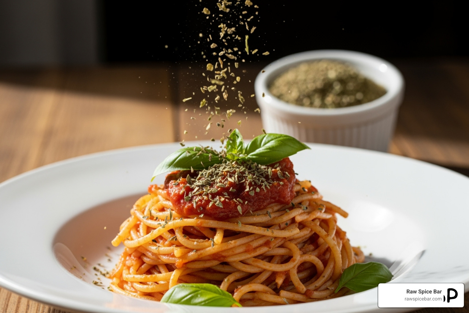 The Italian Herb Seasoning sprinkled over a pasta dish - salt free spice blend recipes