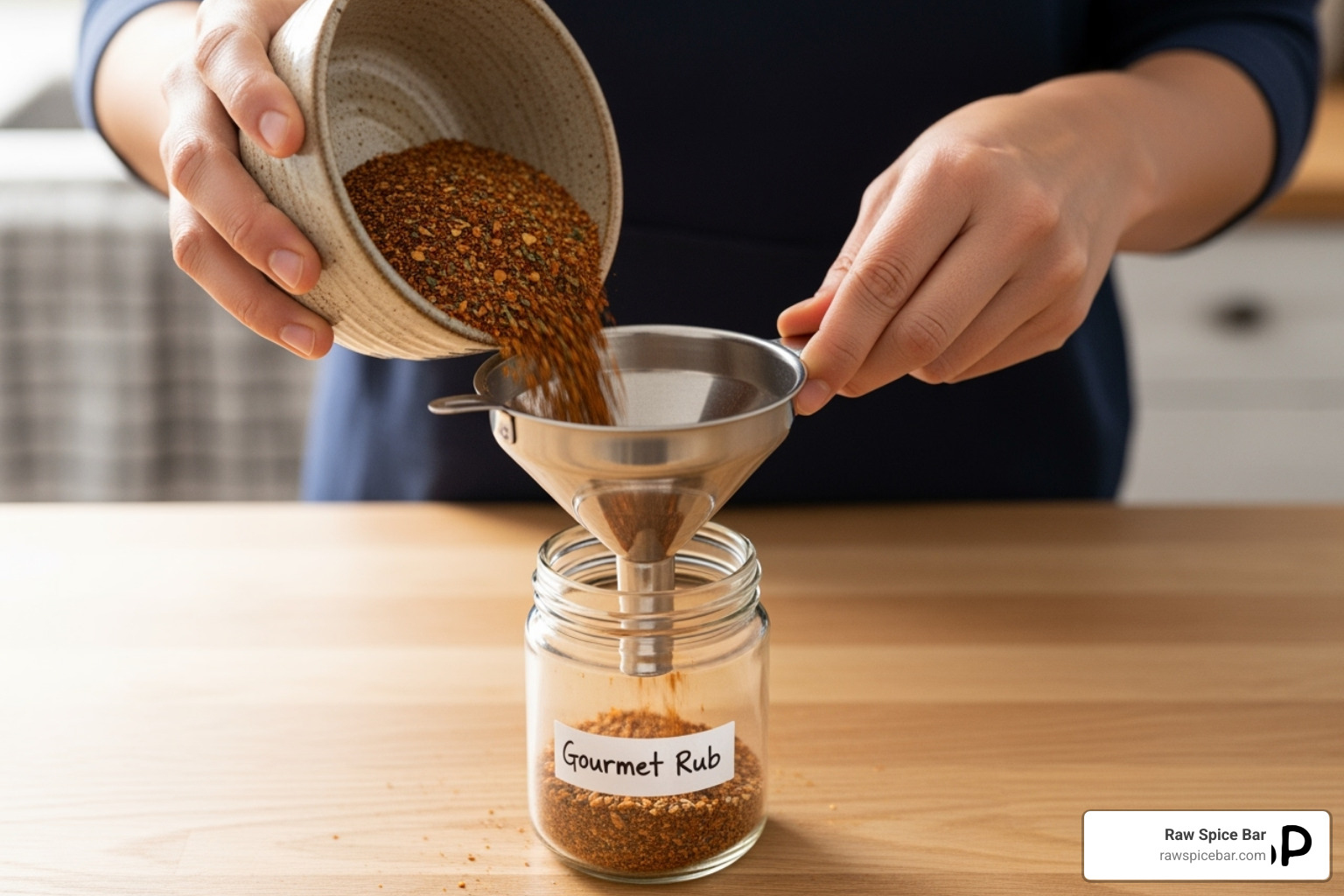 Someone pouring a finished spice blend into a labeled glass jar - salt free spice blend recipes