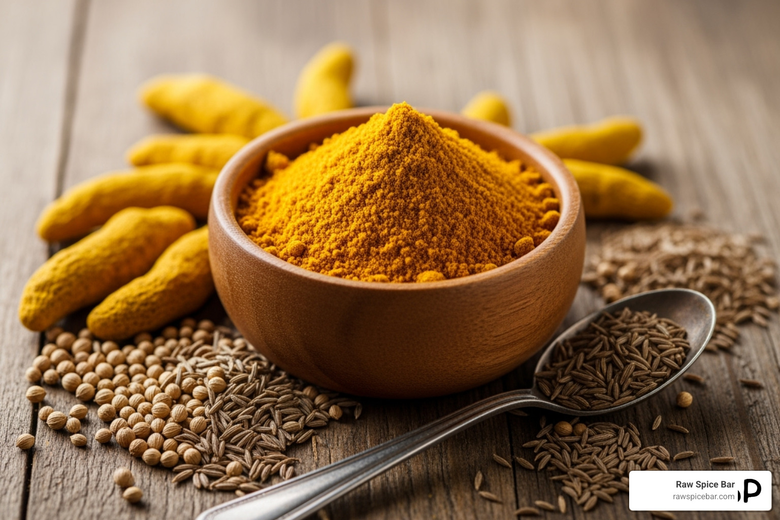 The homemade Curry Powder blend in a small bowl with whole spices nearby - salt free spice blend recipes