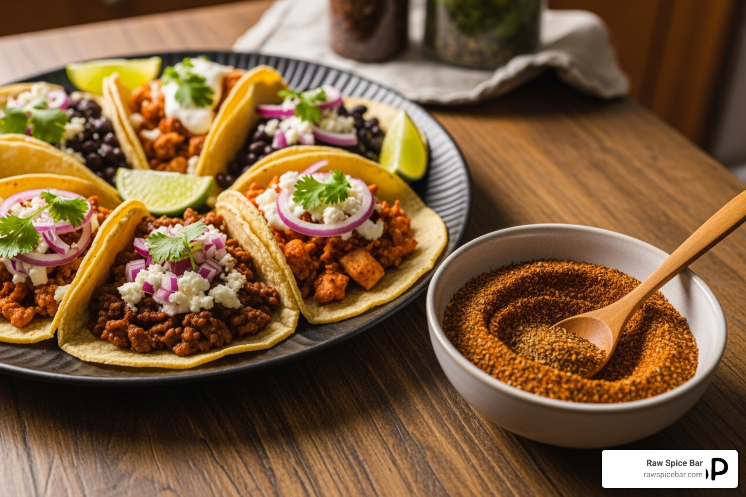 The Taco Seasoning next to a platter of tacos - salt free spice blend recipes