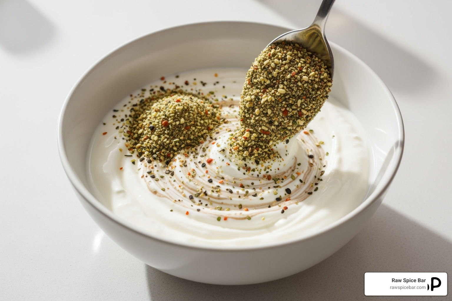 The Ranch-Flavored Mix being stirred into Greek yogurt for a dip - salt free spice blend recipes