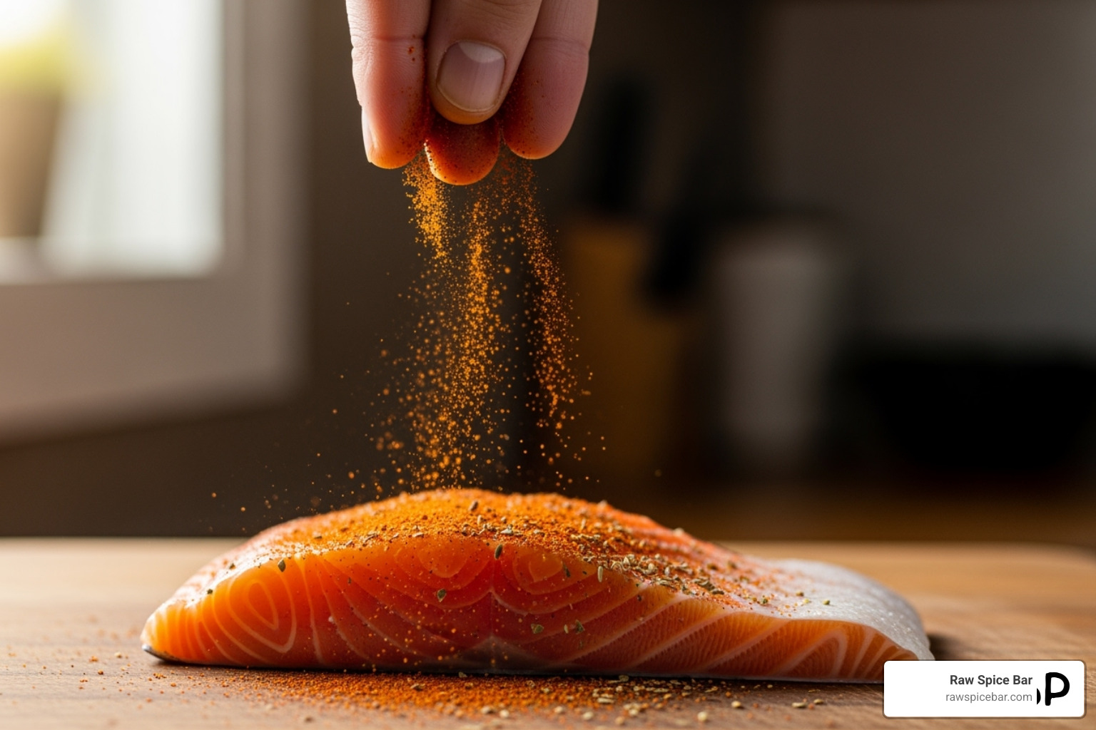 The Cajun Blend seasoning a piece of fish before cooking - salt free spice blend recipes