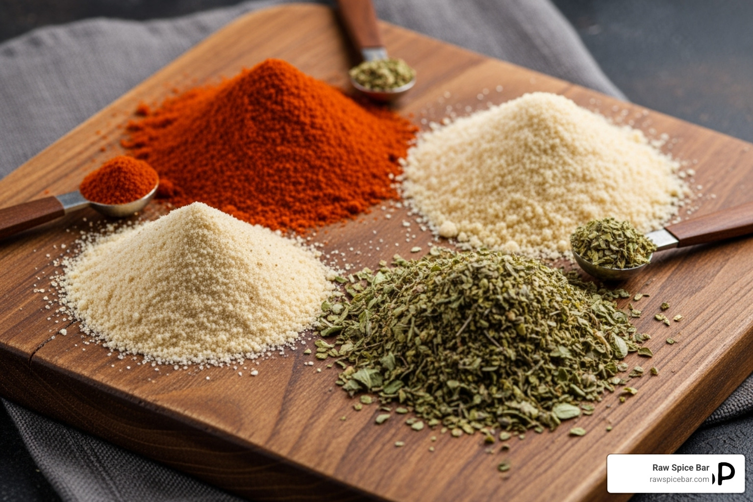 Common dried herbs and spices like paprika, garlic powder, onion powder, and oregano on a wooden board - salt free spice blend recipes
