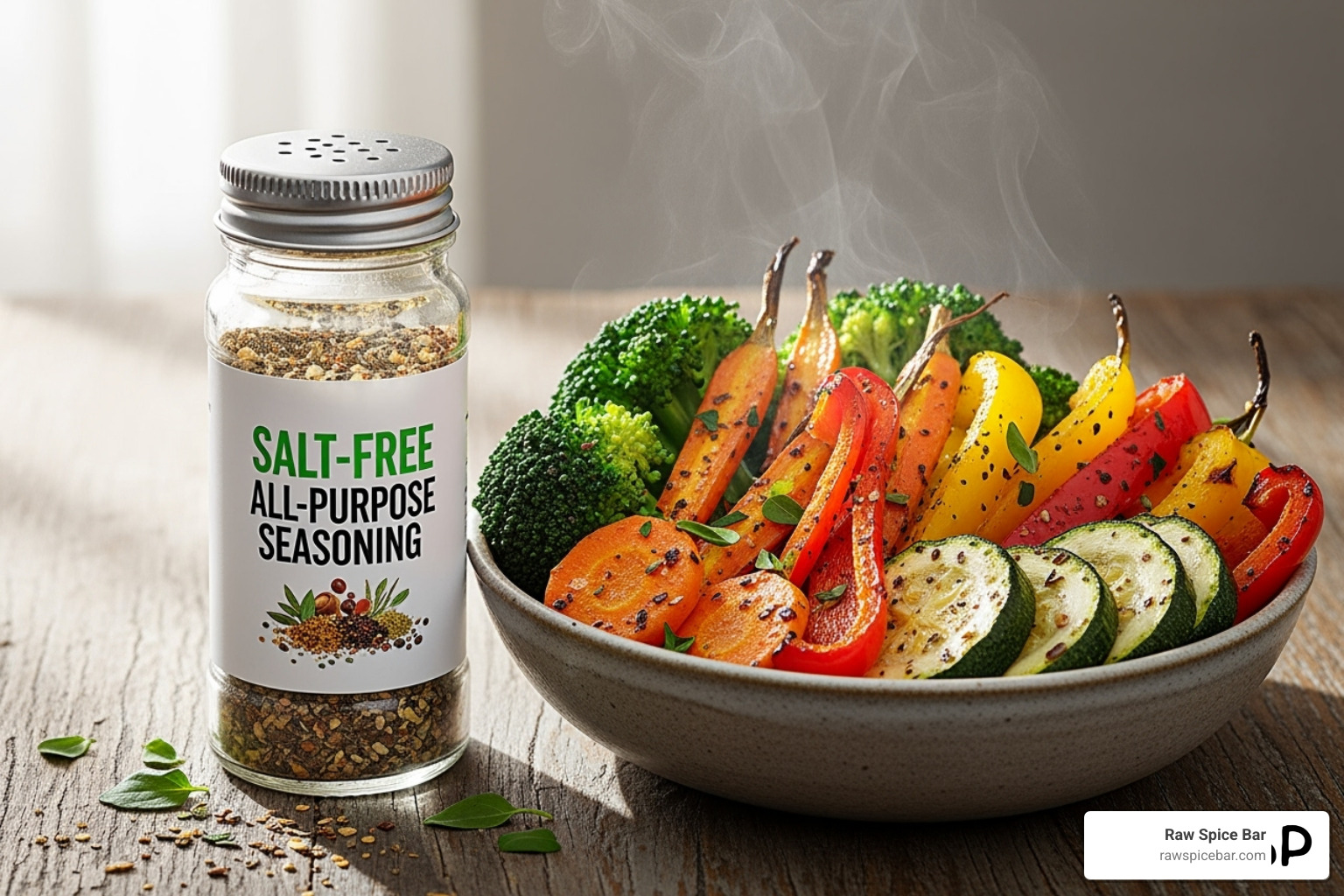 The All-Purpose Salt-Free Seasoning in a shaker next to roasted vegetables - salt free spice blend recipes