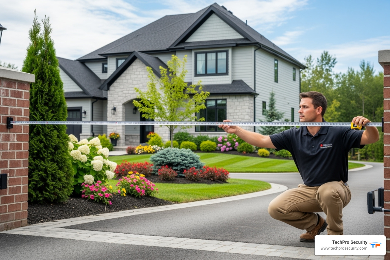 A professional measuring a driveway for a gate installation - auto driveway gates