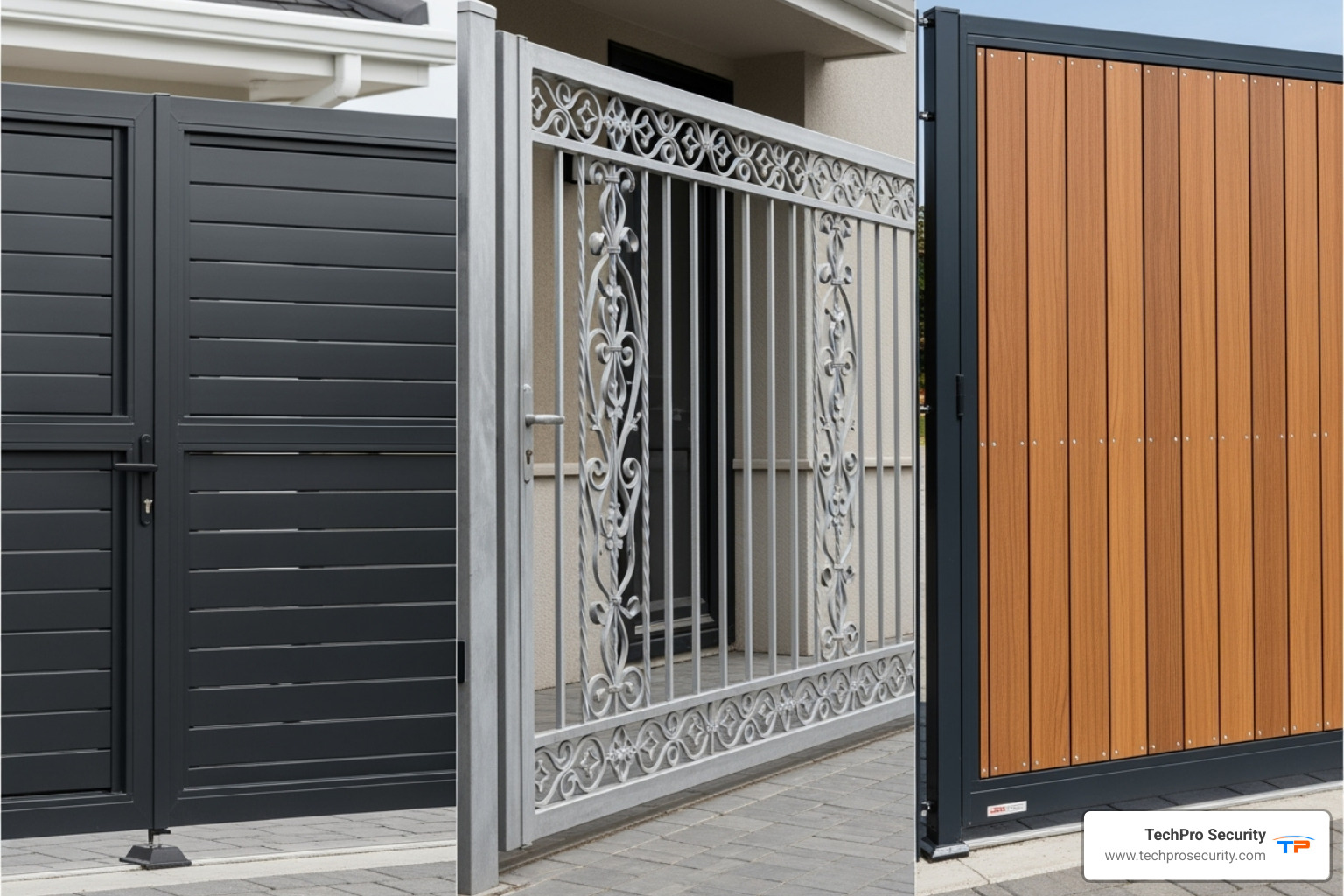 A collage showing different gate materials like steel, aluminum, and composite - auto driveway gates
