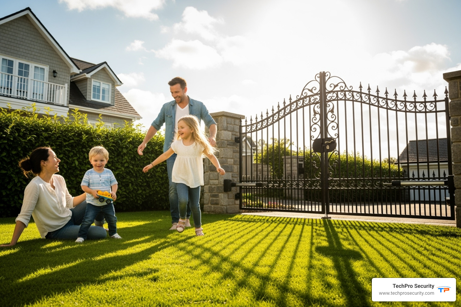 A family playing safely in a yard with a closed driveway gate - auto driveway gates