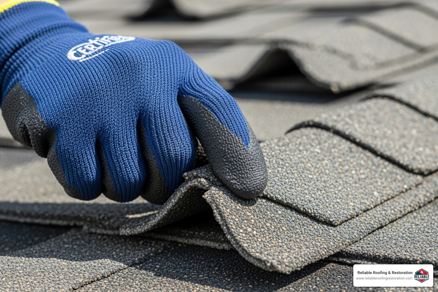 A certified roofer examines an asphalt shingle up close, carefully checking for granule loss, cracking, and other signs of wear to ensure the roof's integrity. - asphalt shingle roof inspection cypress tx