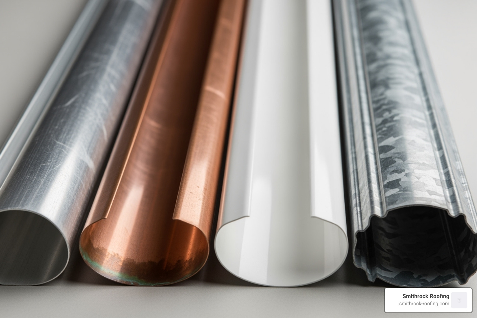 of various gutter material samples including aluminum, copper, vinyl, and steel - gutter replacement cost per foot