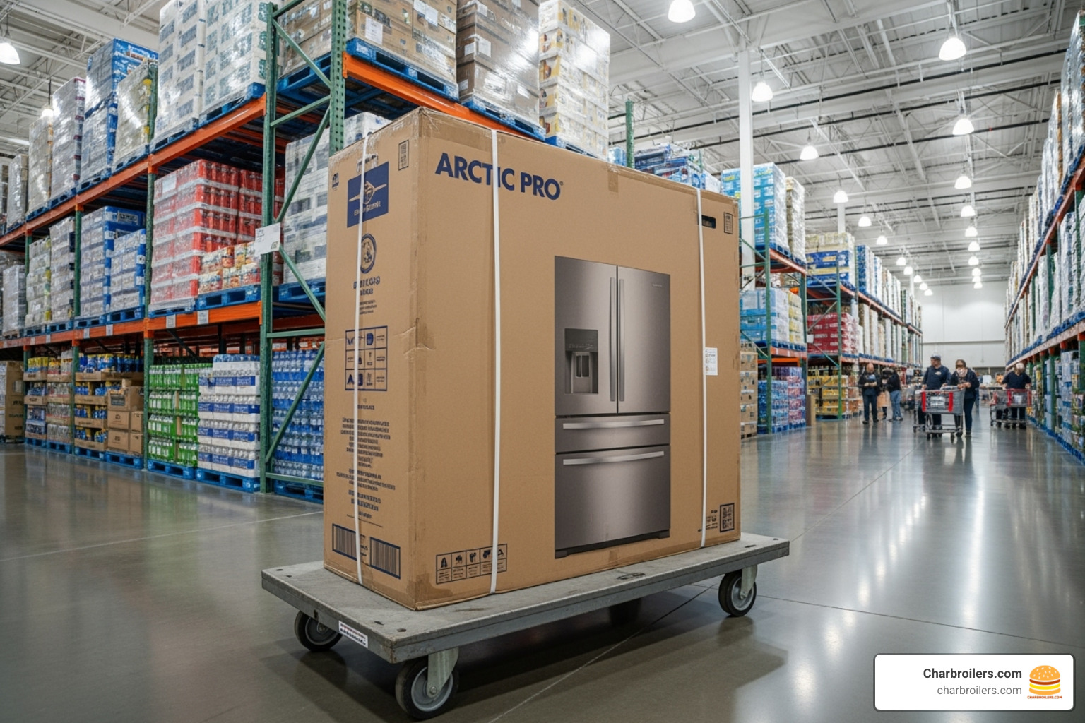 flatbed cart with boxed appliance