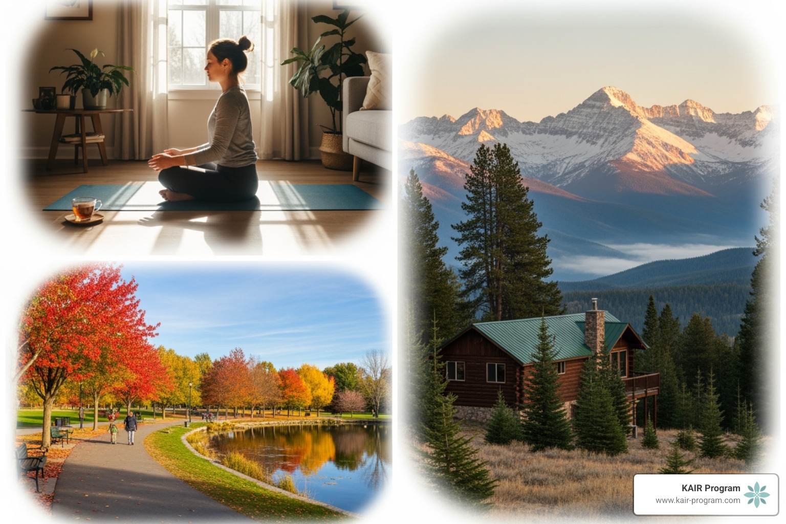 collage showing different types of vacations: a person doing yoga at home, a scenic local park, and a mountain retreat - mental health vacation