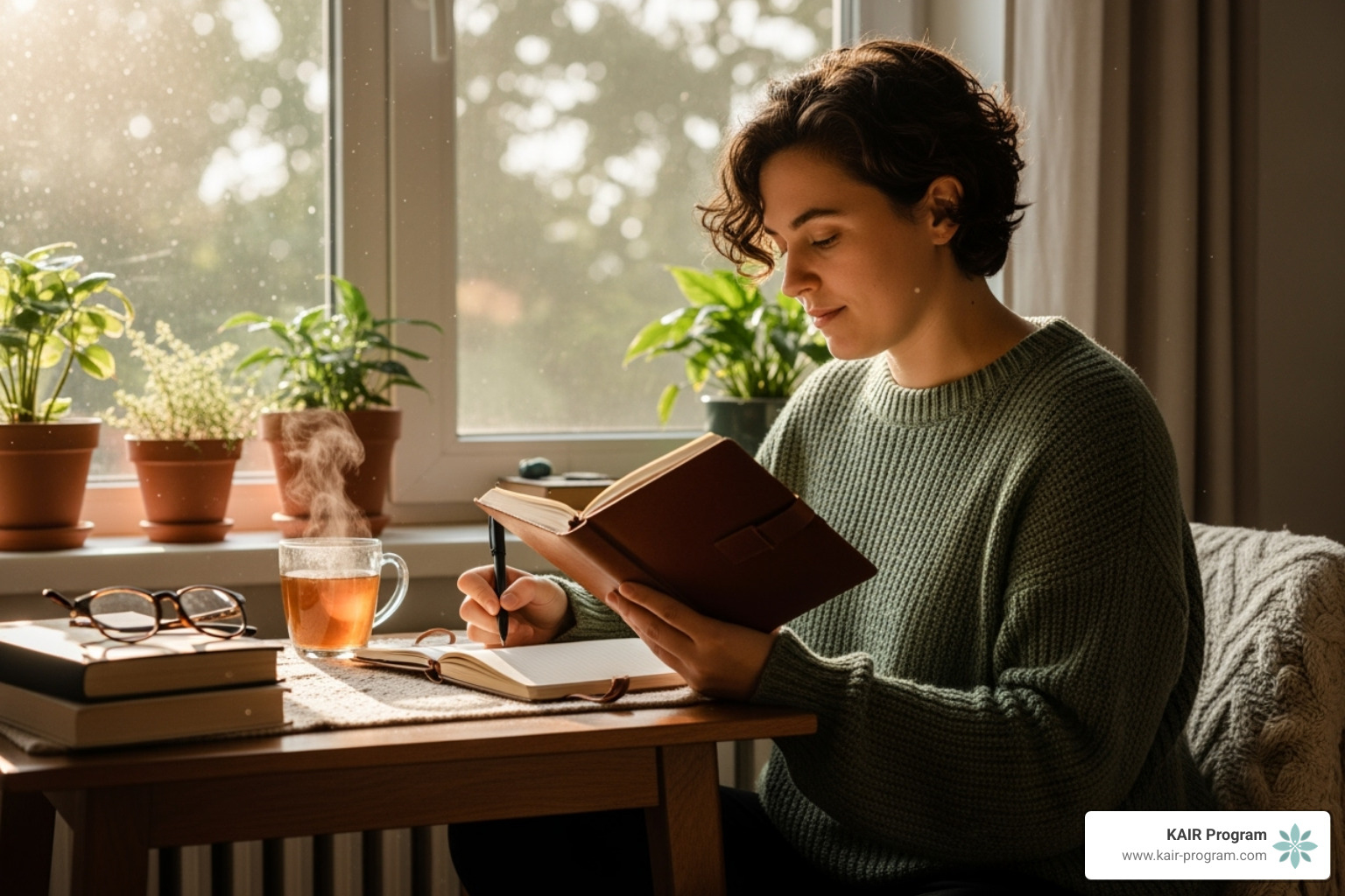 person journaling peacefully in a cozy, sunlit room - mental health vacation