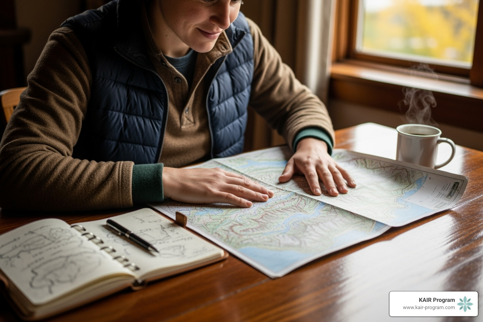 person looking at a map and a notebook, planning their trip - mental health vacation