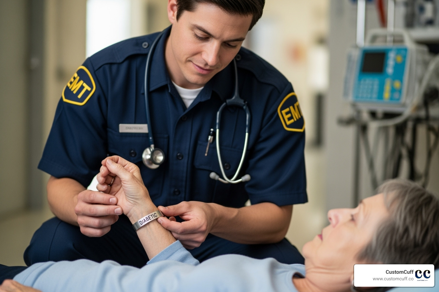 A first responder, identifiable by their uniform, gently checking a medical alert bracelet on a patient's wrist during an emergency scenario - engraved medical alert bracelet A first responder, identifiable by their uniform, gently checking a medical alert bracelet on a patient's wrist during an emergency scenario - engraved medical alert bracelet