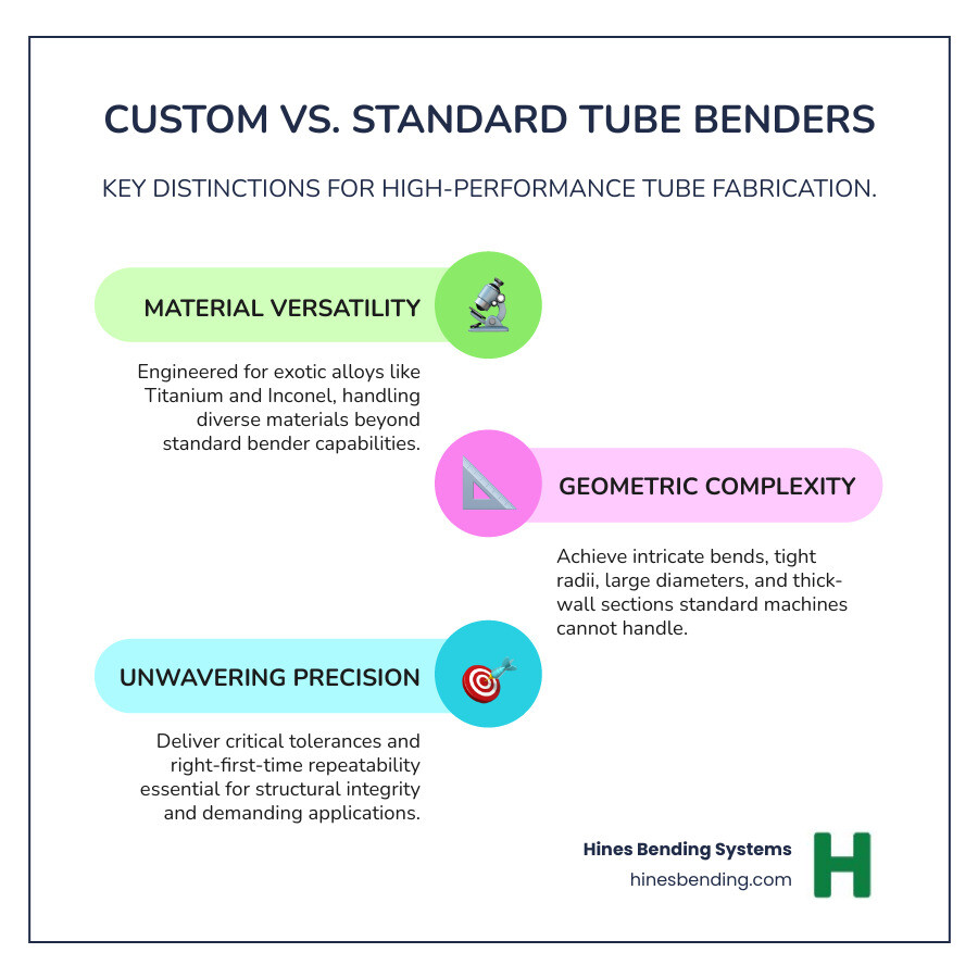 Comparison infographic showing standard off-the-shelf tube bender limitations versus custom-engineered bending solution capabilities, including material compatibility, precision tolerances, geometric complexity, and specialized tooling options - custom tube benders infographic infographic-line-3-steps-colors
