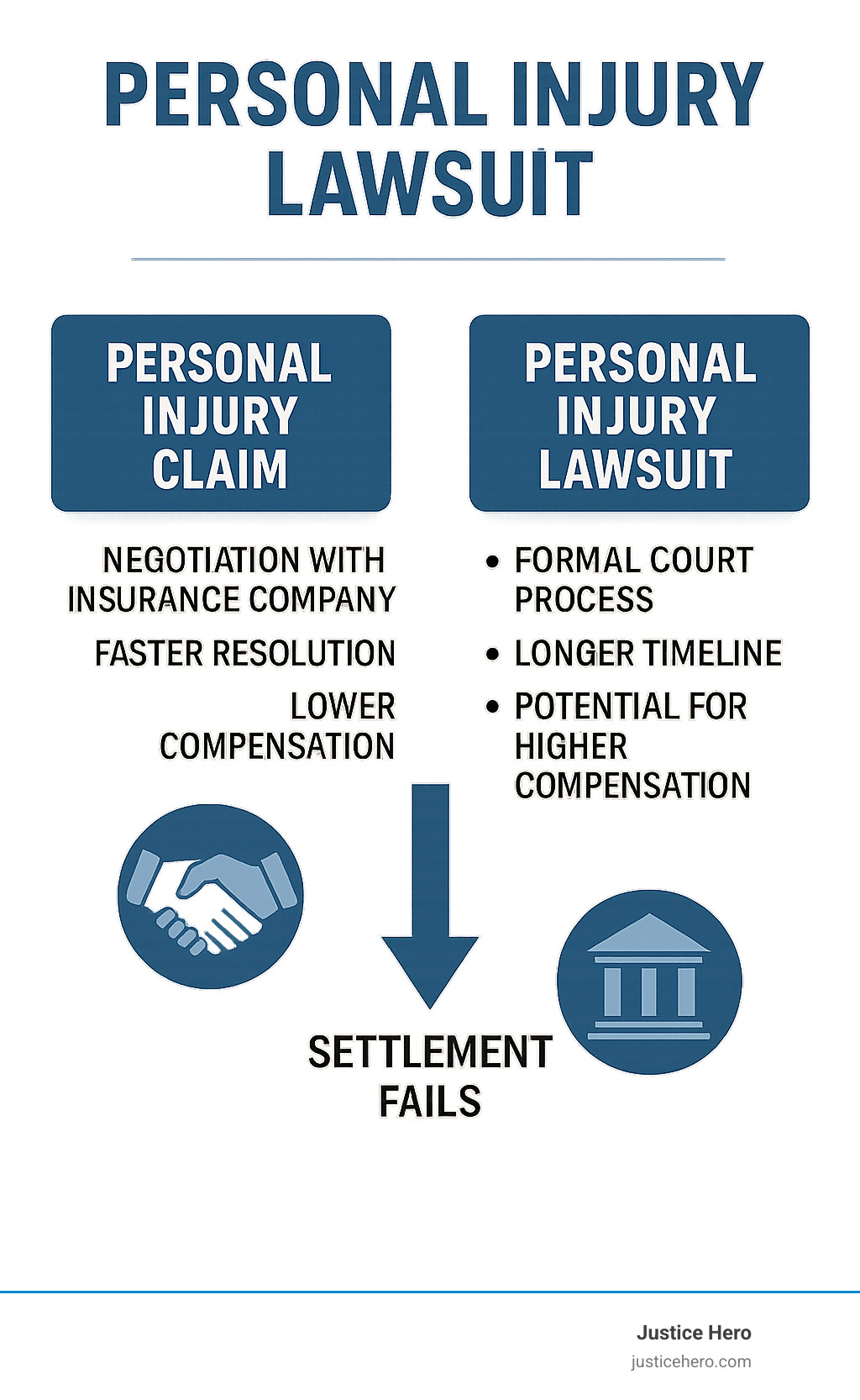 Infographic showing the difference between a personal injury claim (negotiation with insurance company, faster resolution, lower compensation) and a personal injury lawsuit (formal court process, longer timeline, potential for higher compensation, with arrows indicating the progression from claim to lawsuit when settlement fails) - personal injury lawsuit infographic 