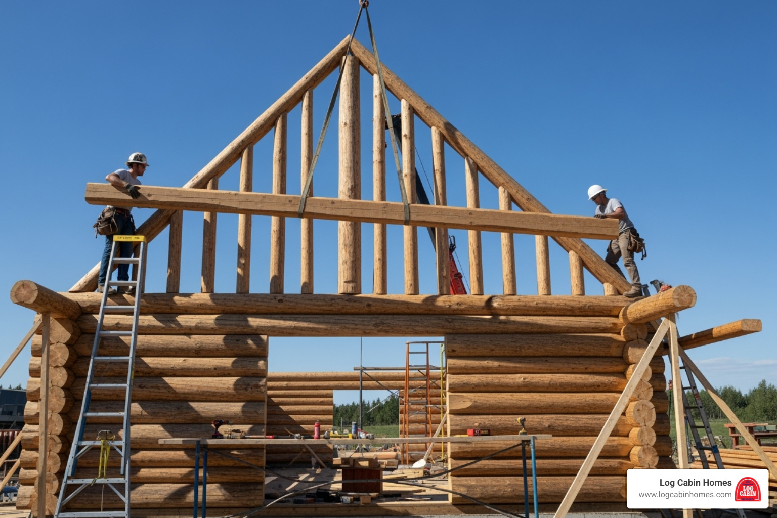 roof purlins being set into the gables of a log cabin - log cabin kit assembly roof purlins being set into the gables of a log cabin - log cabin kit assembly