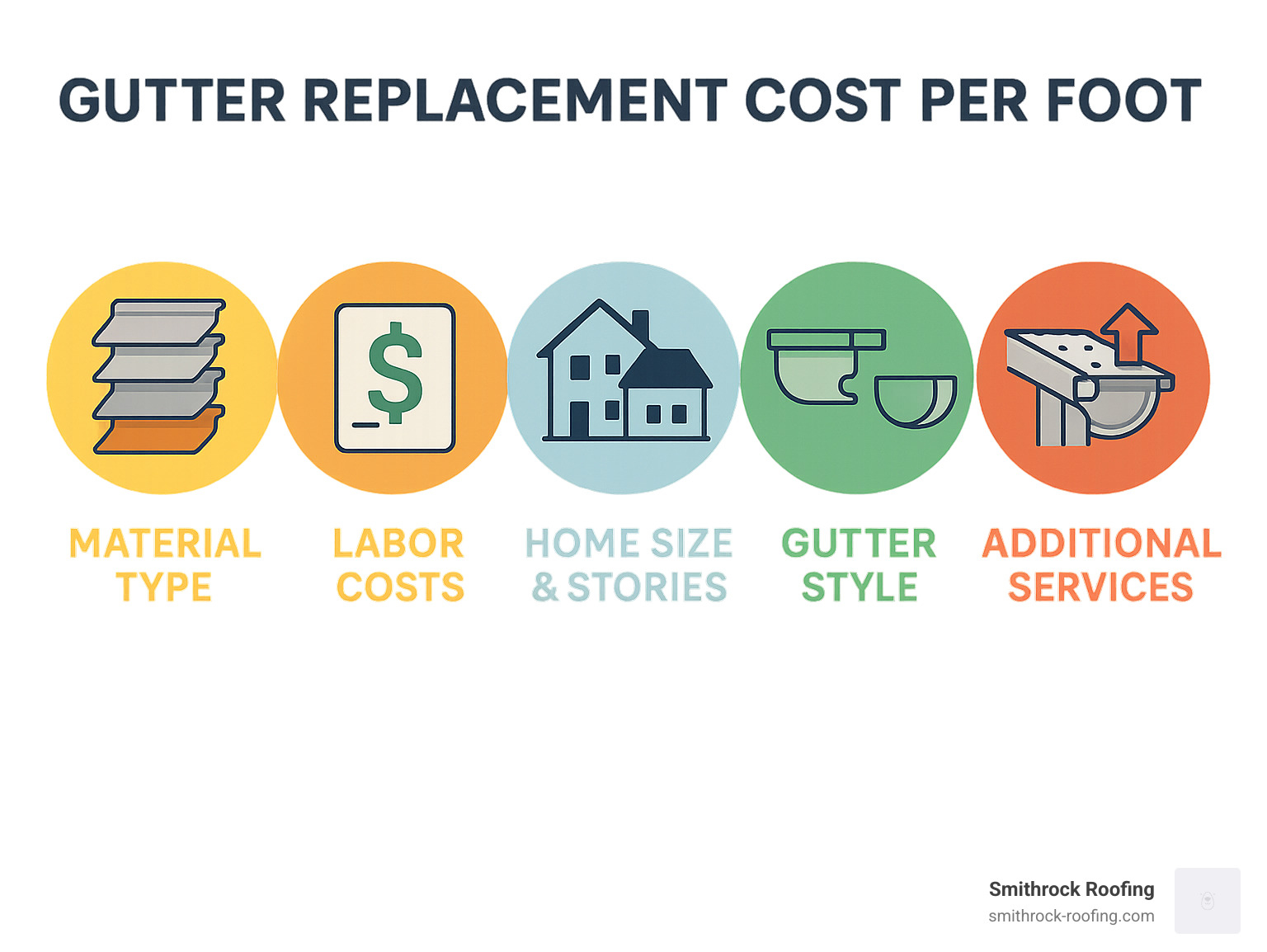 Infographic showing the 5 main factors influencing gutter replacement cost: Material type (vinyl $3-7/ft, aluminum $4-15/ft, steel $6-20/ft, copper $25-40+/ft), Labor costs ($4-7/ft average), Home size and stories (single story vs multi-story complexity), Gutter style (K-style vs half-round, sectional vs seamless), and Additional services (removal $1-2/ft, fascia repair $4-22/ft, gutter guards $3-15/ft) - gutter replacement cost per foot infographic 