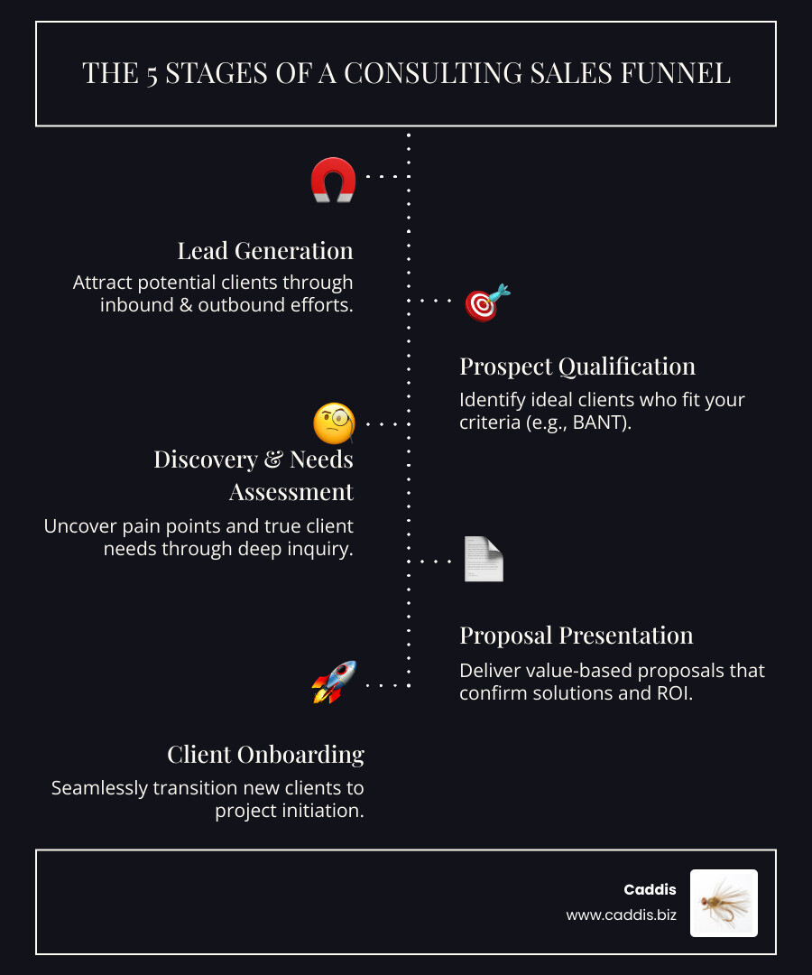 Infographic showing the 5 stages of a consulting sales funnel: Lead generation, Prospect qualification, Findy and needs assessment, Proposal presentation, and Client onboarding with conversion rates and best practices for each stage - sales strategy for consulting business infographic infographic-line-5-steps-dark