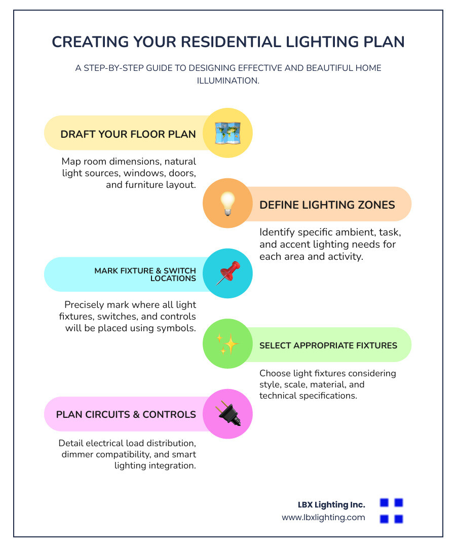 Infographic showing the step-by-step process of creating residential lighting plans: 1) Draft floor plan with room dimensions and furniture layout, 2) Map lighting zones for ambient, task, and accent needs, 3) Mark fixture locations and switch placements with proper symbols, 4) Select appropriate fixtures considering style, scale, and technical specifications, 5) Plan electrical circuits and controls including dimmers - residential lighting plans infographic infographic-line-5-steps-colors Infographic showing the step-by-step process of creating residential lighting plans: 1) Draft floor plan with room dimensions and furniture layout, 2) Map lighting zones for ambient, task, and accent needs, 3) Mark fixture locations and switch placements with proper symbols, 4) Select appropriate fixtures considering style, scale, and technical specifications, 5) Plan electrical circuits and controls including dimmers - residential lighting plans infographic infographic-line-5-steps-colors