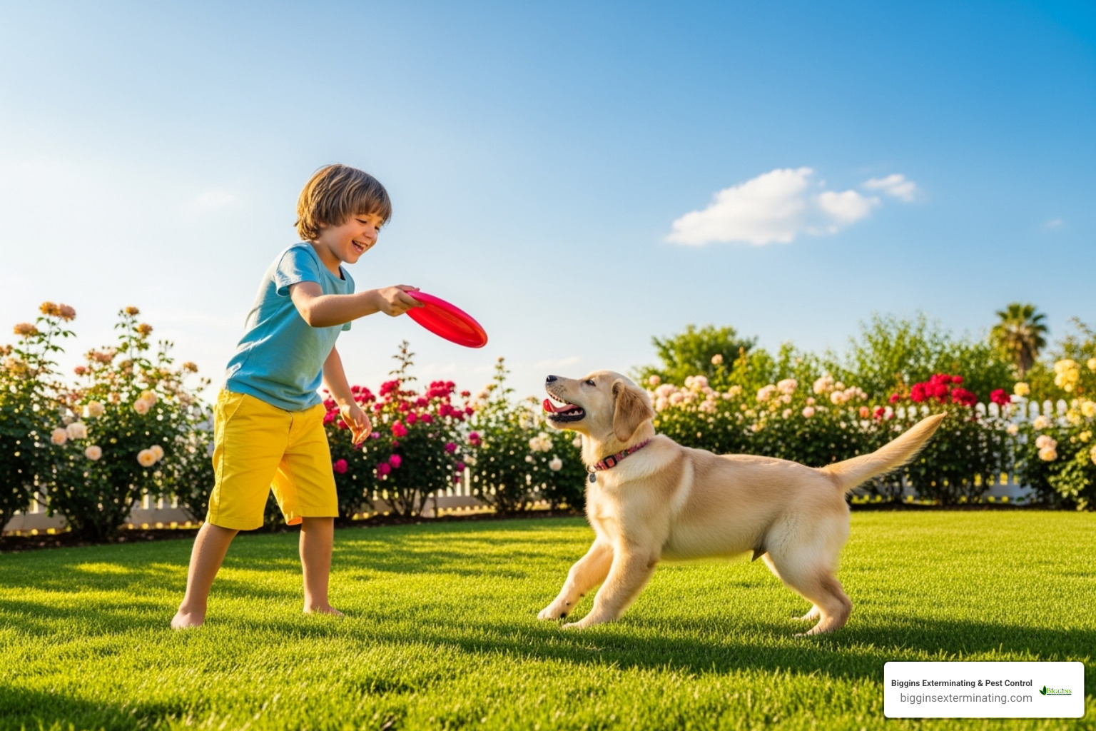 pet and child playing safely on a treated lawn - most effective fire ant treatment