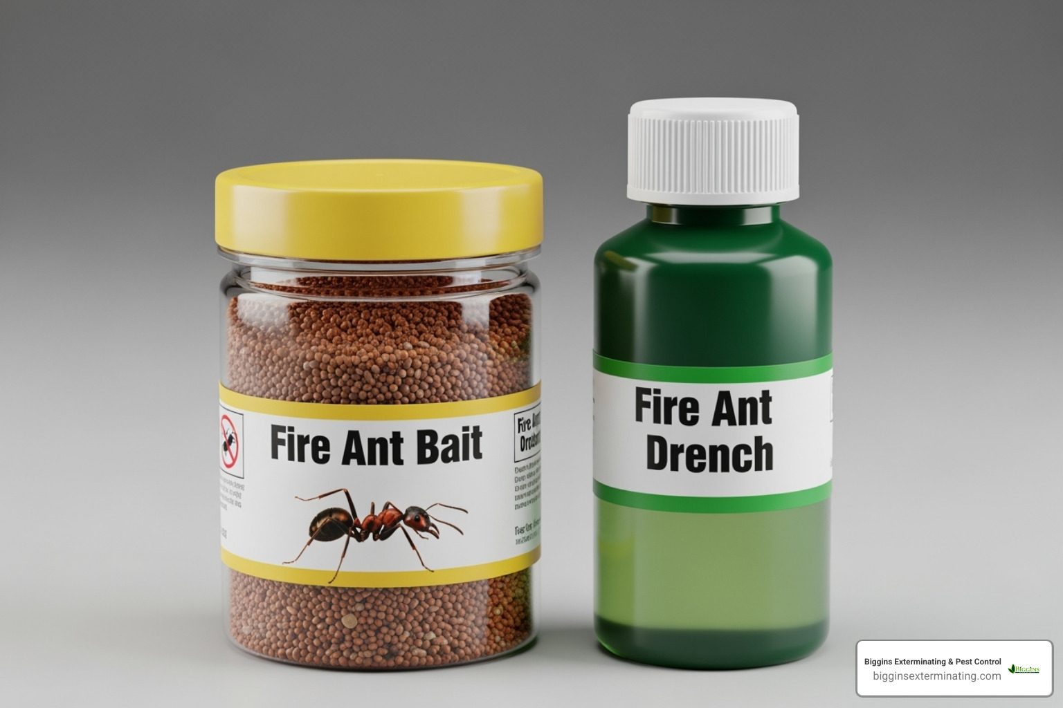 granular bait and a liquid drench product side-by-side - most effective fire ant treatment