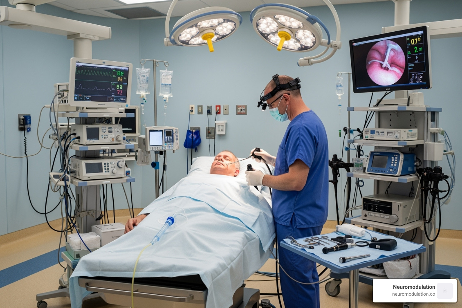 Doctor performing a drug-induced sleep endoscopy (DISE) to assess airway collapse - how to put in a hypoglossal nerve stimulator Doctor performing a drug-induced sleep endoscopy (DISE) to assess airway collapse - how to put in a hypoglossal nerve stimulator