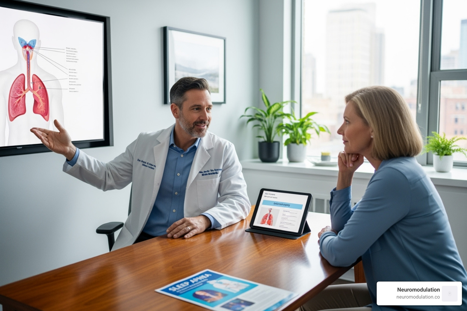 doctor consulting with a patient about sleep apnea - hypoglossal nerve stimulator therapy