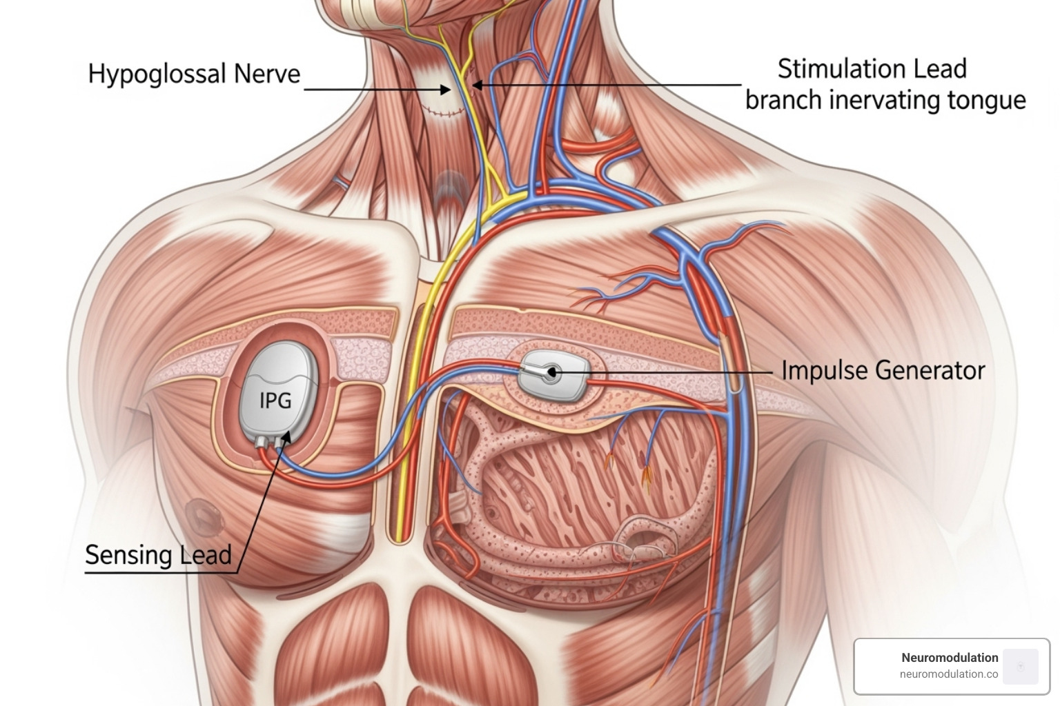 Diagram showing the 2-incision placement for the HNS device: one in the neck for the stimulation lead, and one in the chest for the impulse generator and sensing lead - how to put in a hypoglossal nerve stimulator Diagram showing the 2-incision placement for the HNS device: one in the neck for the stimulation lead, and one in the chest for the impulse generator and sensing lead - how to put in a hypoglossal nerve stimulator