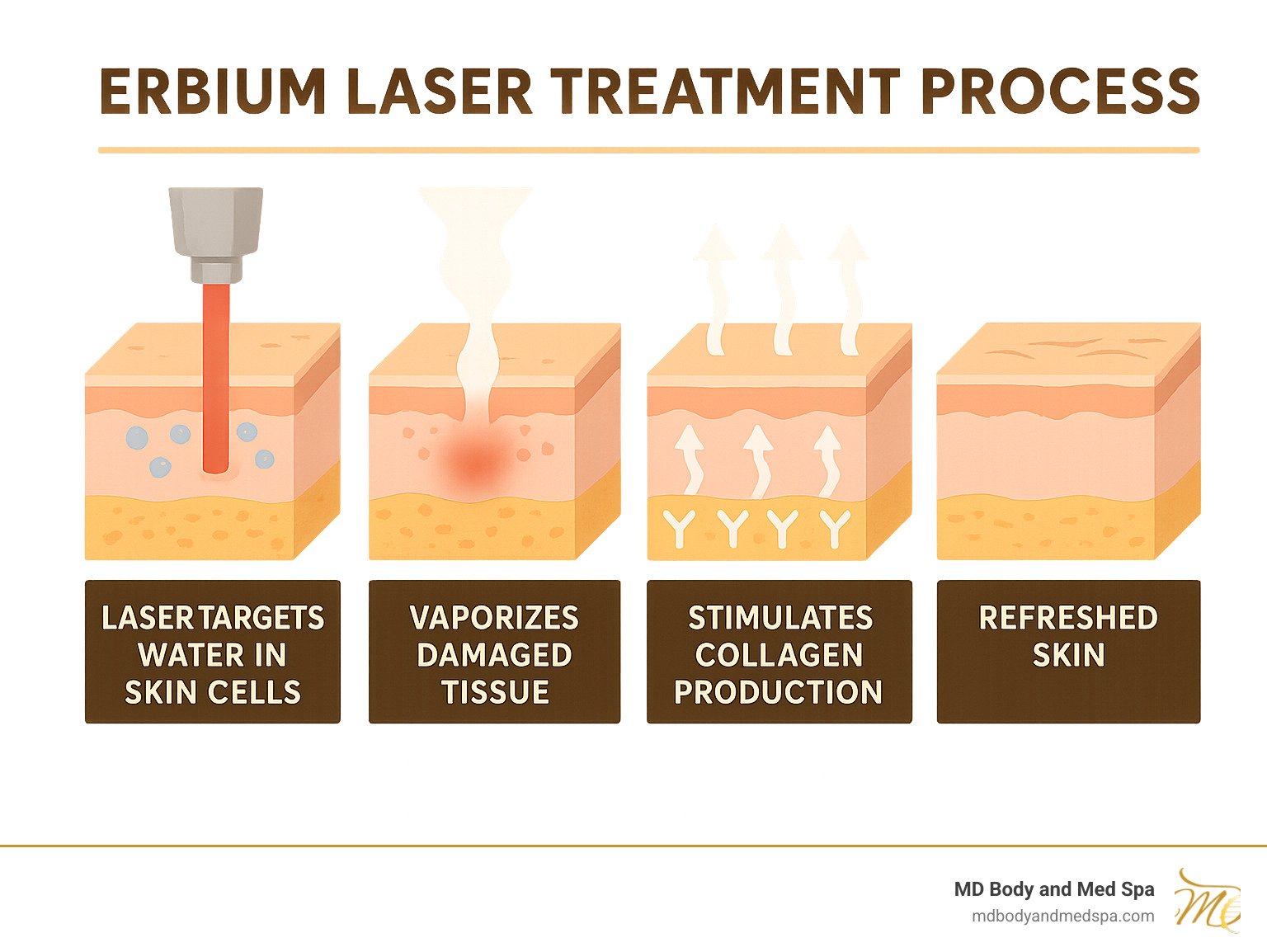 Infographic showing erbium laser treatment process: laser targeting water in skin cells, vaporizing damaged tissue, stimulating collagen production, and revealing refreshed skin with reduced wrinkles and improved texture - erbium laser infographic 
