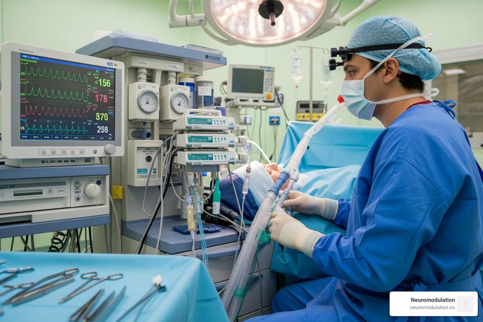 anesthesiologist monitoring a patient in the operating room - hypoglossal nerve stimulator anesthesia anesthesiologist monitoring a patient in the operating room - hypoglossal nerve stimulator anesthesia
