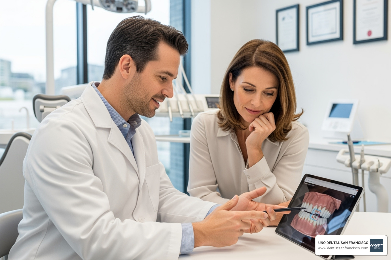 A dentist and patient reviewing a treatment plan on a tablet, highlighting the importance of consultation - teeth whitening special offers A dentist and patient reviewing a treatment plan on a tablet, highlighting the importance of consultation - teeth whitening special offers