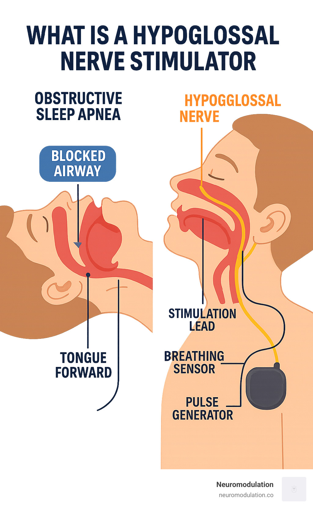 Infographic showing obstructive sleep apnea mechanism: tongue and soft tissues blocking airway during sleep on left, hypoglossal nerve stimulator preventing collapse by moving tongue forward on right, with breathing sensor detecting inspiration and pulse generator sending electrical signals to stimulation lead around hypoglossal nerve - what is a hypoglossal nerve stimulator infographic 