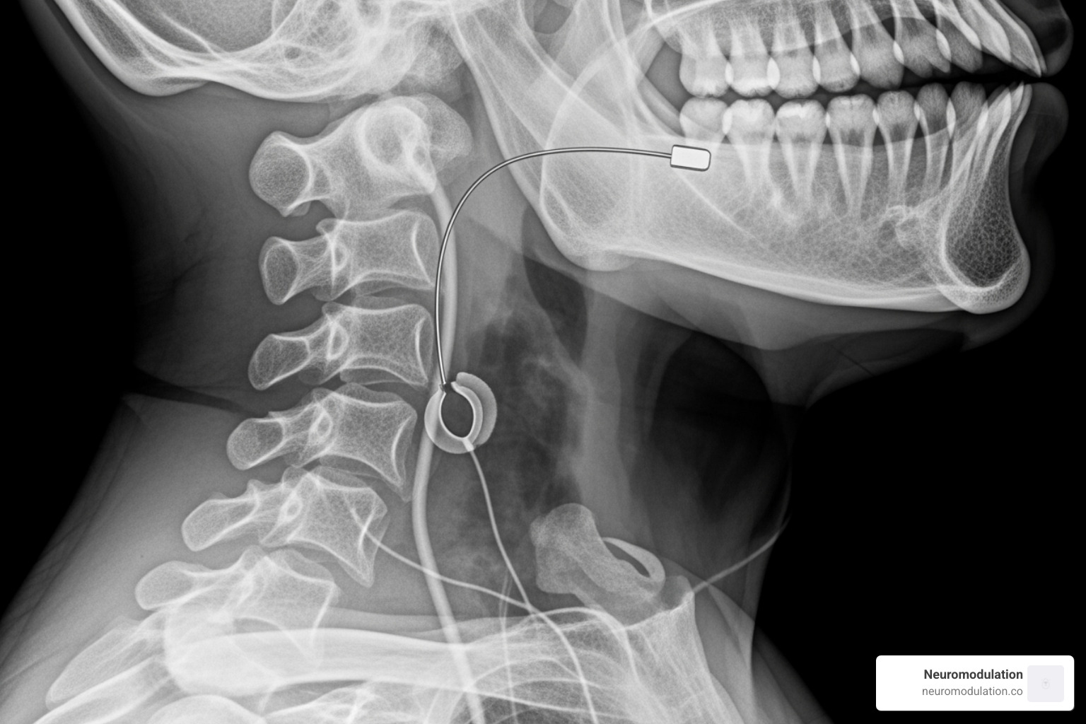 labeled neck X-ray or diagram showing the stimulation lead's position - hypoglossal nerve stimulator radiology labeled neck X-ray or diagram showing the stimulation lead's position - hypoglossal nerve stimulator radiology